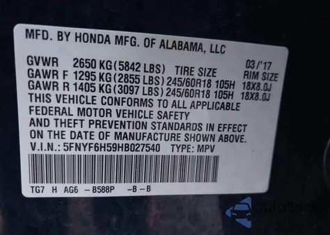 2017 Honda Pilot Ex-L z USA, uszkodzony, nr VIN 5FNYF6H59HB027540